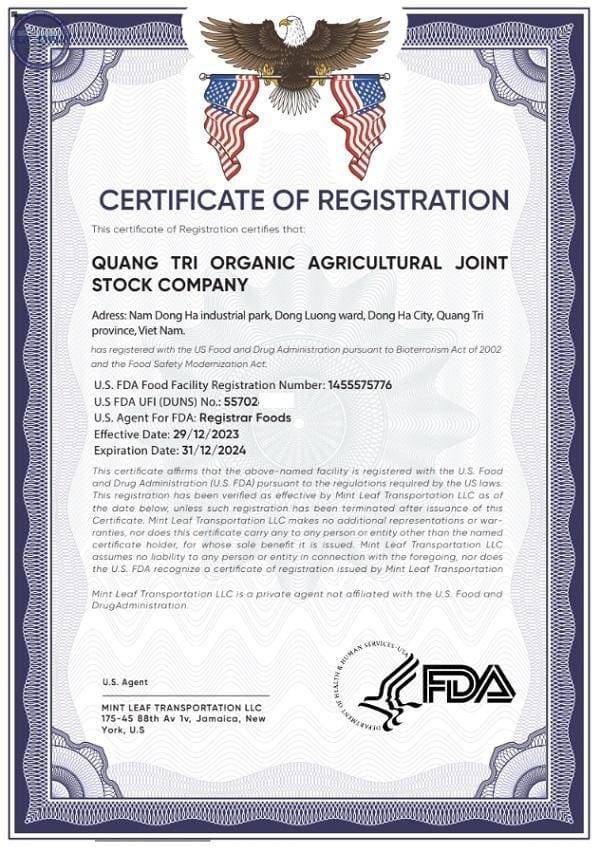 DỰ ÁN FDA - CÔNG TY CỔ PHẦN NÔNG SẢN HỮU CƠ QUẢNG TRỊ DỰ ÁN FDA - CÔNG TY CỔ PHẦN NÔNG SẢN HỮU CƠ QUẢNG TRỊ