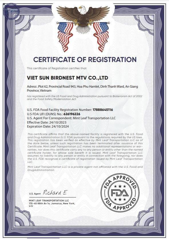 DỰ ÁN FDA - CÔNG TY TNHH MTV VIET SUN BIRDNEST DỰ ÁN FDA - CÔNG TY TNHH MTV VIET SUN BIRDNEST