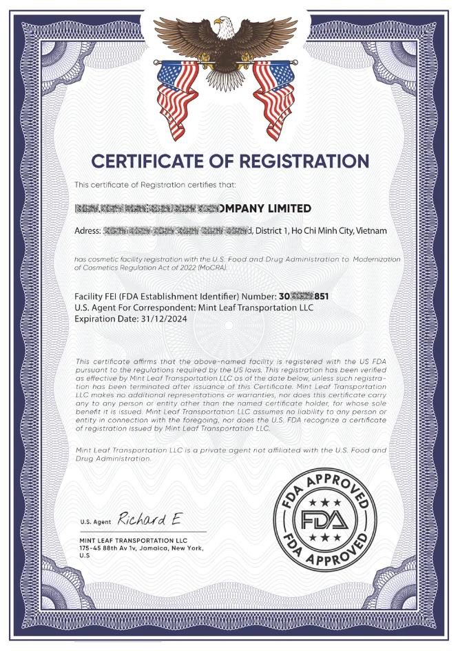 Mẫu Giấy Chứng Nhận FDA Mỹ Phẩm Mẫu Giấy Chứng Nhận FDA Mỹ Phẩm
