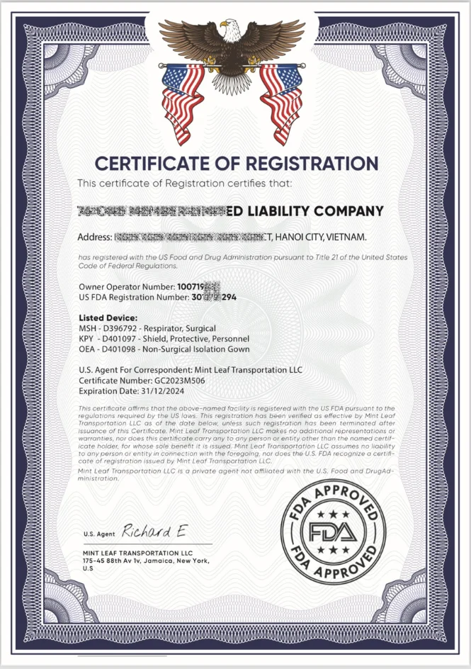 Mẫu Giấy Chứng Nhận FDA Thiết bị y tế Mẫu Giấy Chứng Nhận FDA Thiết bị y tế