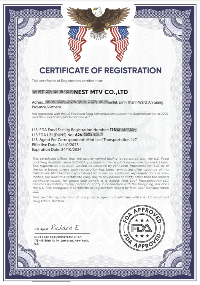 Mẫu Giấy Chứng Nhận FDA Thực Phẩm Mẫu Giấy Chứng Nhận FDA Thực Phẩm