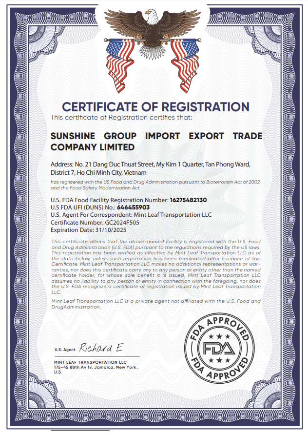 FDA - CÔNG TY TNHH THƯƠNG MẠI XUẤT NHẬP KHẨU SUNSHINE GROUP FDA - CÔNG TY TNHH THƯƠNG MẠI XUẤT NHẬP KHẨU SUNSHINE GROUP
